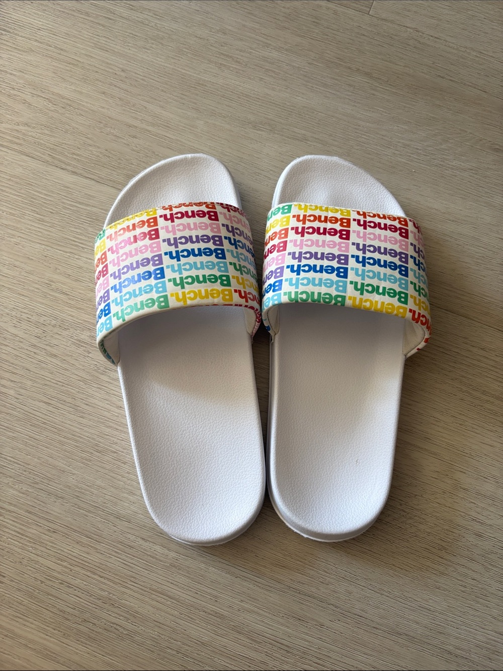 Bench White Kids Slide Sandals with Rainbow Logo Strap